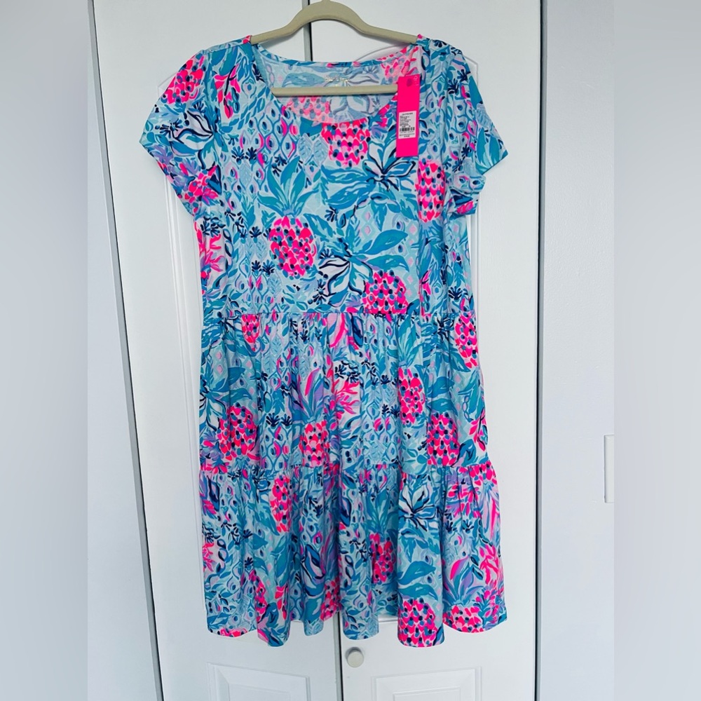 Lilly Pulitzer Geanna Short Sleeve Dress Zanzibar Blue Party Princess L NWT